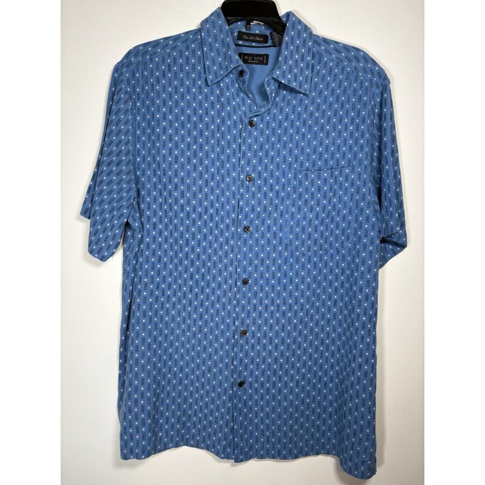 WH‎ Belk Silk Blend Blue Geometric Sportswear Collared Button Up Shirt Size Med